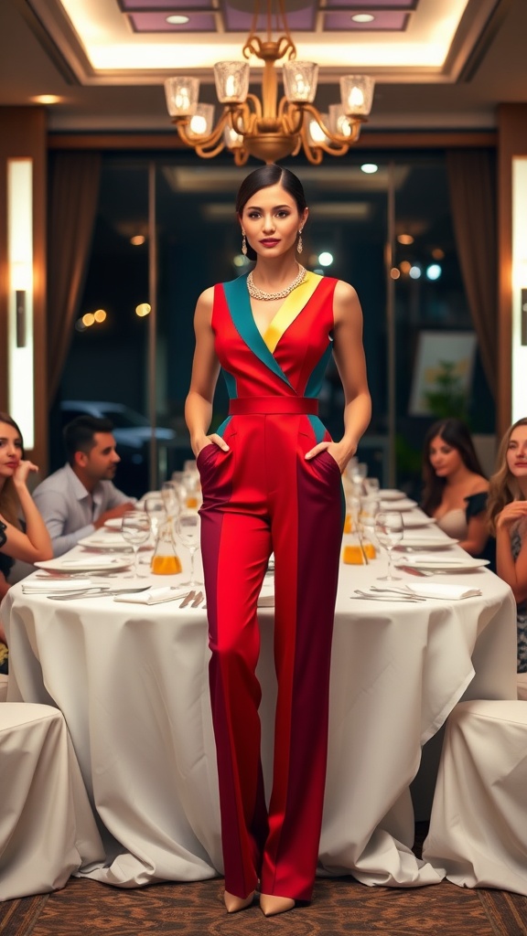 A fashionable woman in a jumpsuit at a dinner table, showcasing elegance and style.
